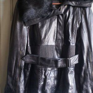 Rudsak black leather jacket with fur cuff detail and fur collar